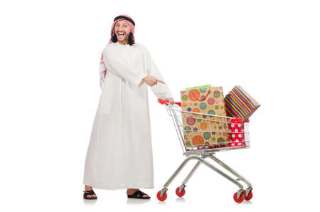 Arab man doing shopping isolated on whiteの写真素材