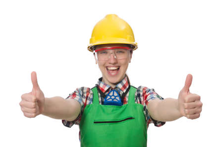 Female worker wearing coverall isolated on whiteの写真素材