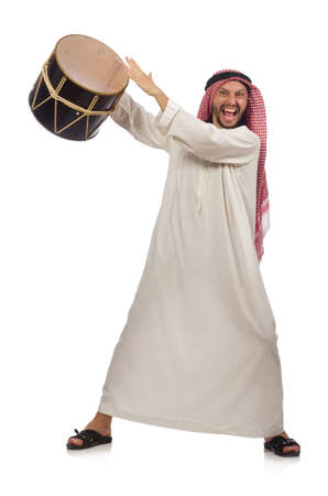 Arab man playing drum isolated on whiteの写真素材