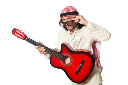 Arab man with guitar on whiteの写真素材