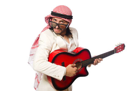 Arab man with guitar on whiteの写真素材