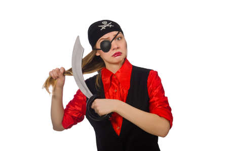Pretty pirate girl holding sword isolated on whiteの写真素材