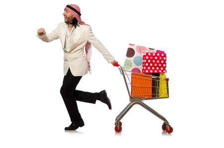 Arab man doing shopping isolated on whiteの写真素材