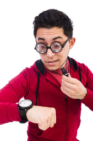 Funny sportsman isolated on whiteの写真素材