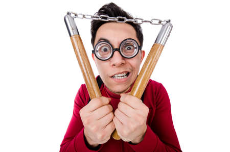 Funny sportsman with nunchuks isolated on whiteの写真素材