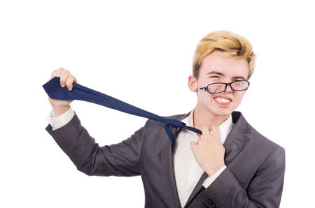 Young tired businessman isolated on whiteの写真素材