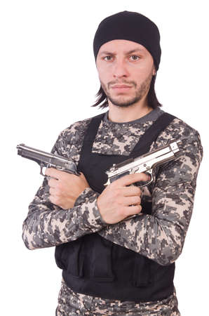 Caucasian soldier with handgun isolated on whiteの写真素材