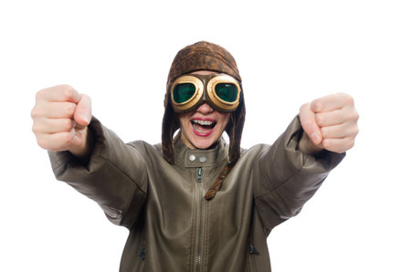 Funny woman pilot isolated on whiteの写真素材