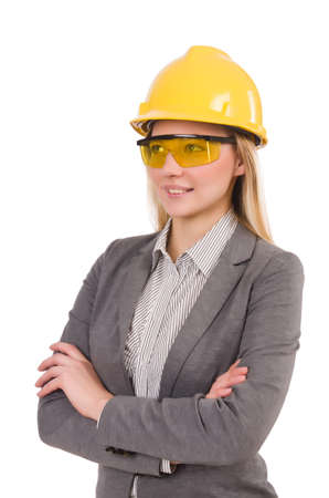 Female engineer in helmet isolated on whiteの写真素材