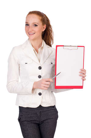 Red hair girl holding paper isolated on whiteの写真素材