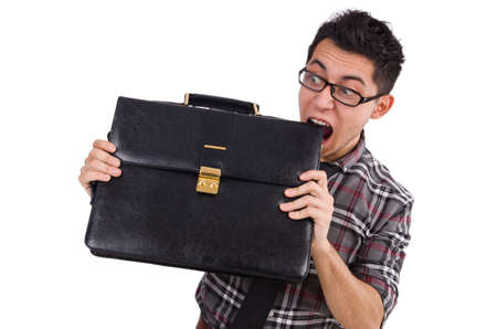 Young employee with briefcase isolated on whiteの写真素材