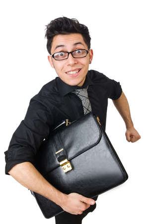 Young smiling employee with briefcase isolated on whiteの写真素材