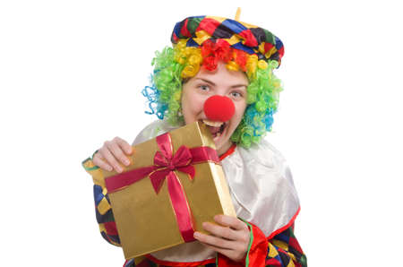 Clown with giftbox isolated on whiteの写真素材
