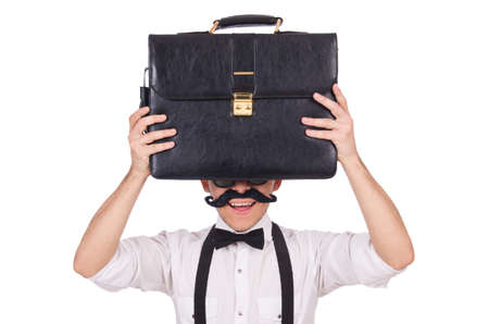 Young man with briefcase isolated on whiteの写真素材