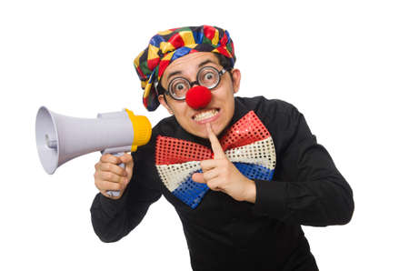 Clown with loudspeaker isolated on white