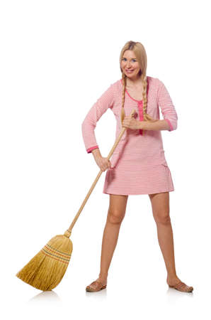 Housewife doing home cleaning isolated on whiteの写真素材