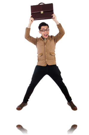 Young man with brown briefcase isolated on whiteの写真素材