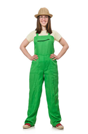 Woman in green uniform isolated on whiteの写真素材