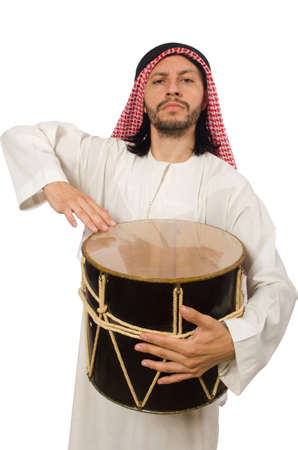Arab man playing drum isolated on whiteの写真素材
