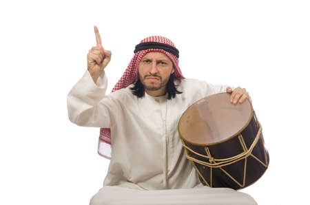 Arab man playing drum isolated on whiteの写真素材
