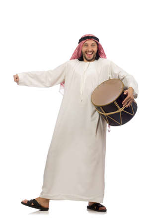 Arab man playing drum isolated on whiteの写真素材