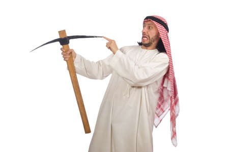 Arab man with ice axe isolated on whiteの写真素材