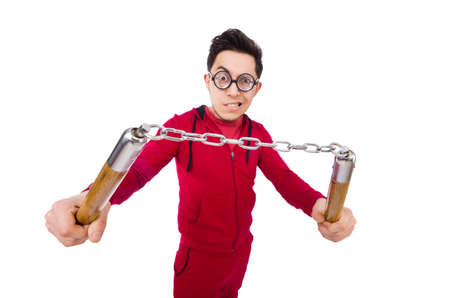 Funny sportsman with nunchuks isolated on whiteの写真素材