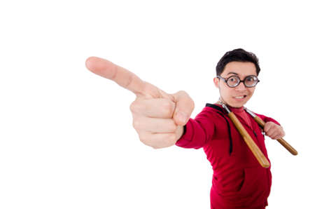 Funny sportsman with nunchuks isolated on whiteの写真素材