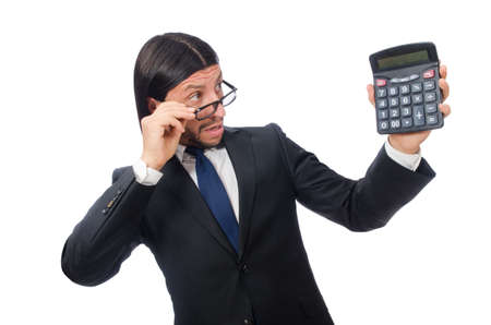 Man with calculator isolated on whiteの写真素材