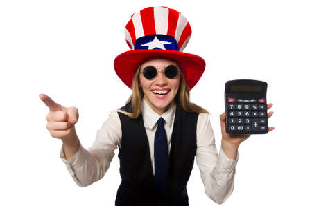 Woman with calculator isolated on whiteの写真素材