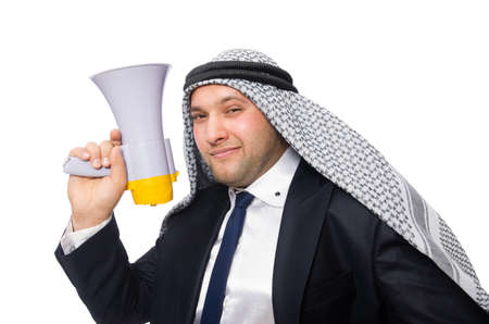 Arab man with loudspeaker isolated on whiteの写真素材
