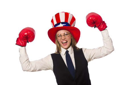 Woman with boxing gloves isolated on whiteの写真素材