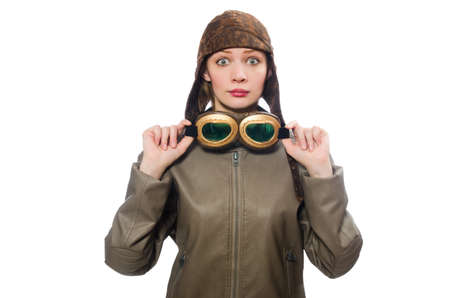 Funny woman pilot isolated on whiteの写真素材