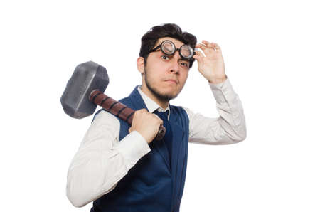 Young man holding hammer isolated on whiteの写真素材
