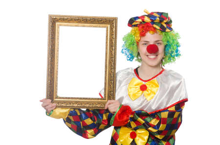 Funny clown girl with frame isolated on whiteの写真素材