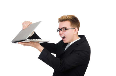 Young businessman with laptop isolated on whiteの写真素材