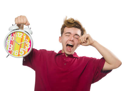 Student holding alarm clock isolated on white
