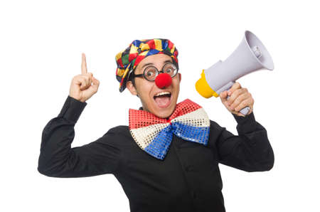 Clown with loudspeaker isolated on whiteの写真素材
