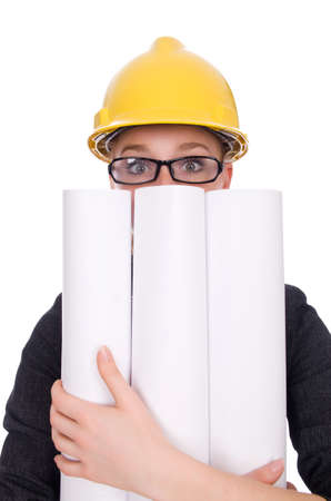 Woman architect with blueprints on whiteの写真素材