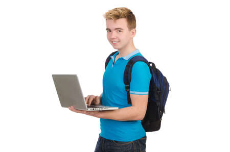Student with laptop isolated on whiteの写真素材