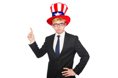 Businessman  with american hat isolated on whiteの写真素材