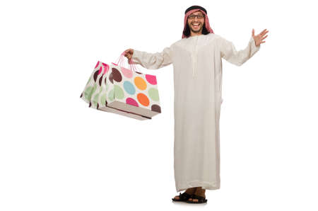 Arab man with shopping bags on whiteの写真素材