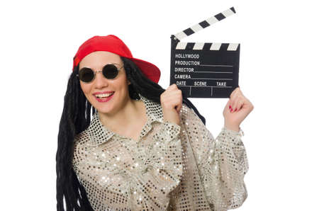 Girl with dreadlocks holding clapperboard isolated on whiteの写真素材