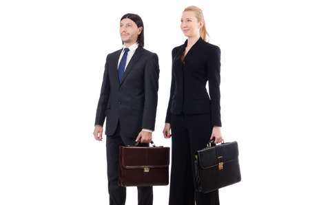Businessman and businesswoman with briefcases isolated on whiteの写真素材
