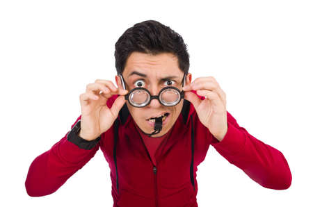 Funny sportsman with whistle isolated on whiteの写真素材