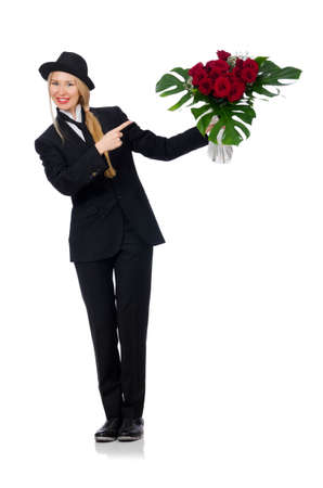 Woman with bunch of roses isolated on whiteの写真素材