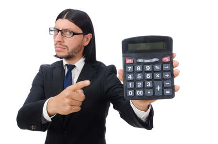 Man with calculator isolated on whiteの写真素材