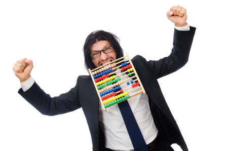 Funny man with calculator and abacusの写真素材