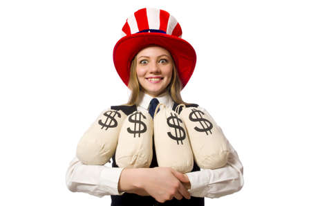 Woman with money sacks isolated on whiteの写真素材