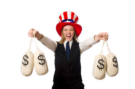 Woman with money sacks isolated on whiteの写真素材